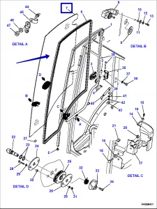 Стекло двери правое Komatsu (WB93R-5/WB93S-5/WB97R-5/WB97S-5) 42N-54-13630